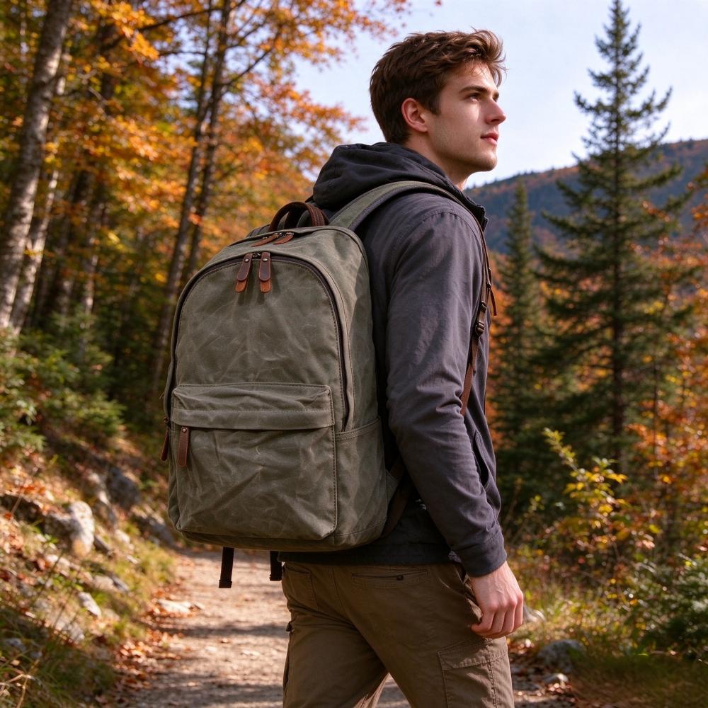 Canvas Backpack Casual - Gerçek Deri Detaylı, Vintage Tarzı, Mumlu